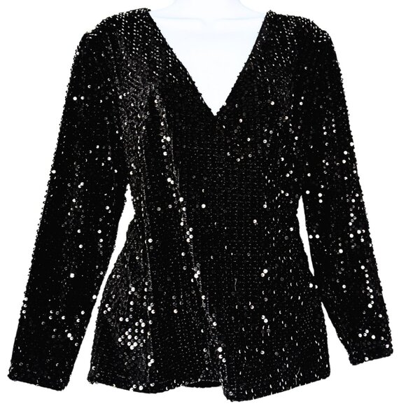 Ann Taylor Party Black Sequin Wrap Top – Stretch Party Blouse Size M - Picture 2 of 7